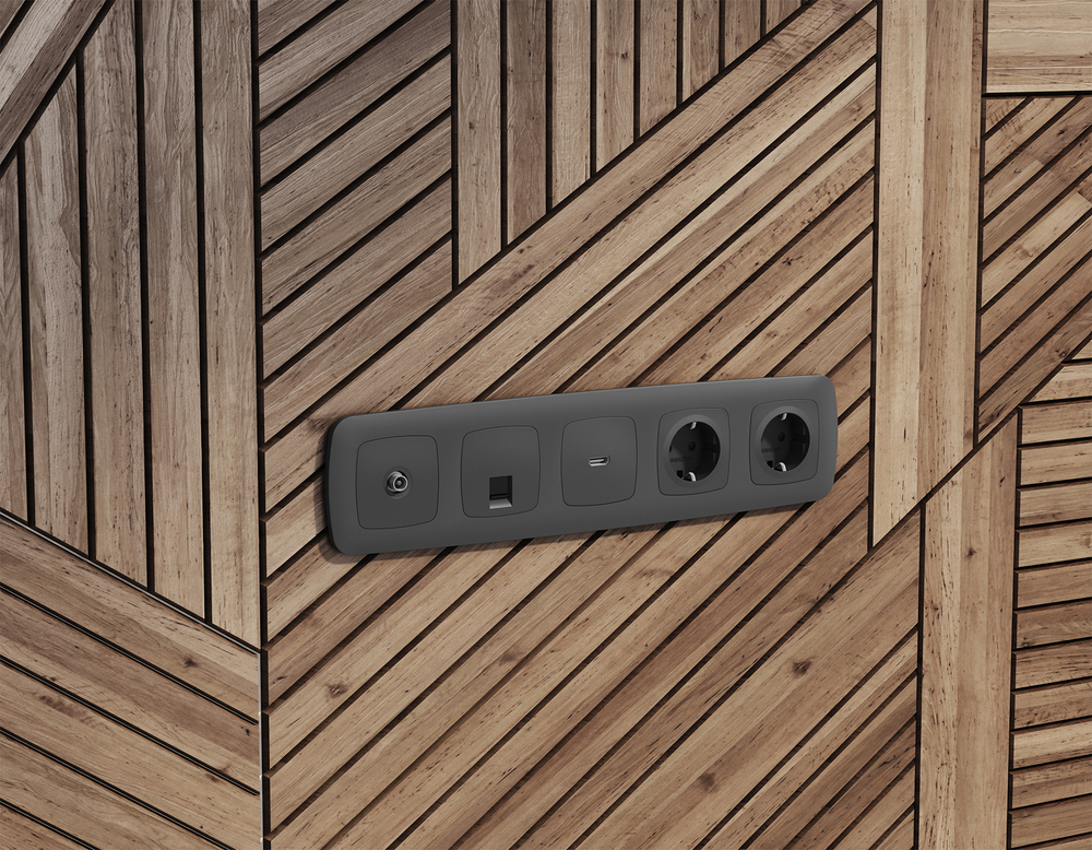 MO912010 Комплект механизма компьютерной розетки OMEGA Графит мягкое касание RJ-45(8P8C) CAT6 с шторкой QUANT (OP9120, VM188)