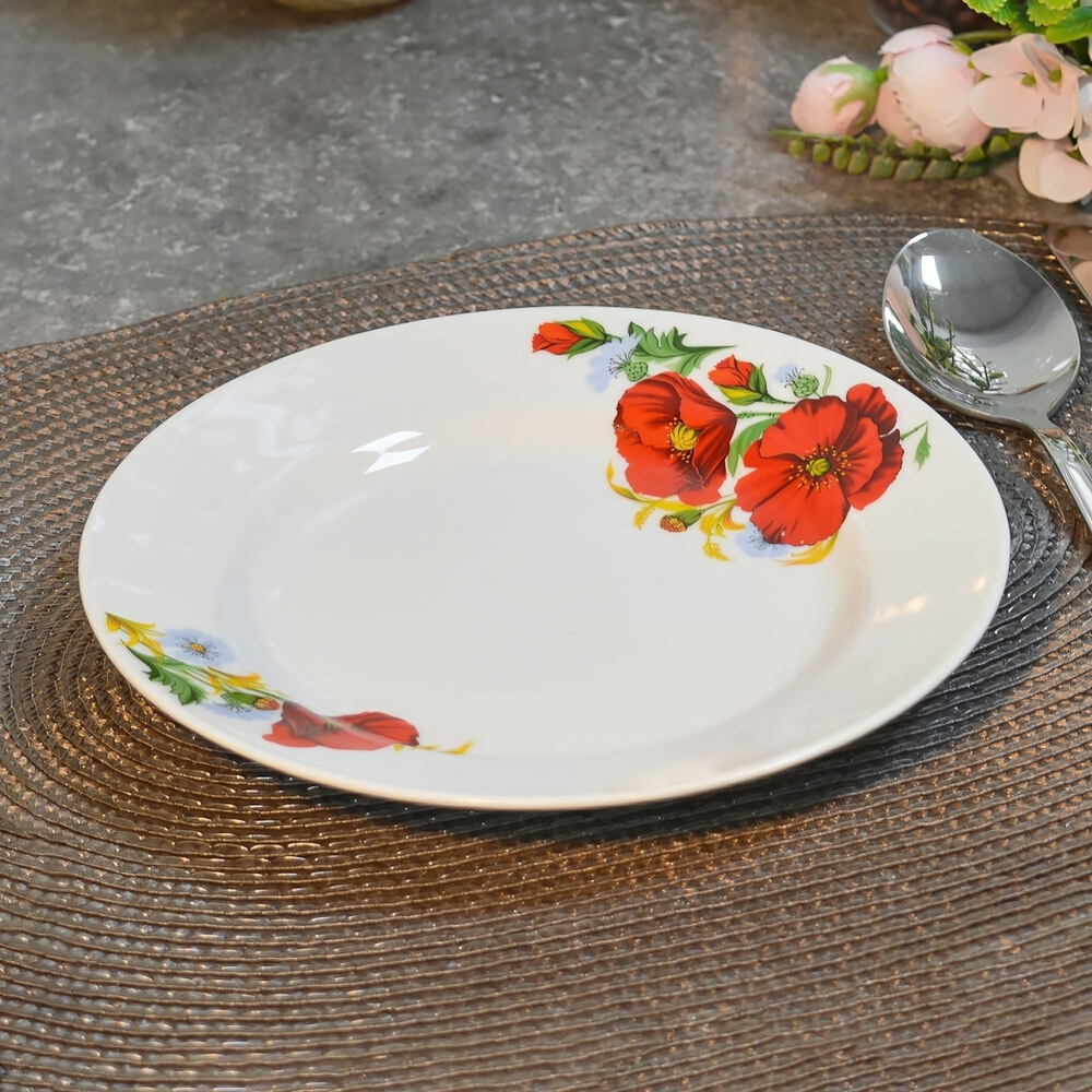 Тарелка 200мм мелкая форма Идиллия Маки красные