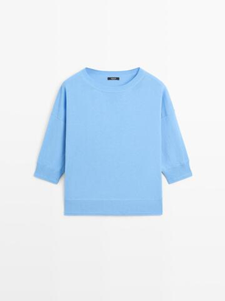 Massimo Dutti Свитер из смешанного хлопка с короткими рукавами, синий