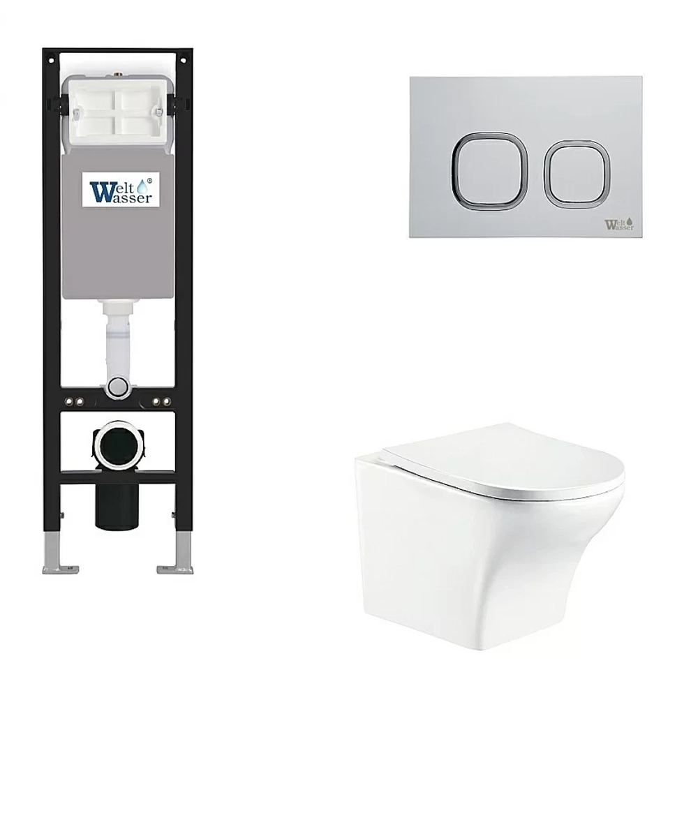 Унитаз подвесной WeltWasser AMBERG 350 + ODENBACH 004 GL-WT + AMBERG RD-WT белый глянцевый, безободковый, с крышкой микролифт, с инсталляцией и белой кнопкой