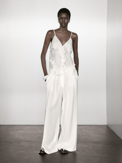 Massimo Dutti Брюки-палаццо из льняной смеси с вытачками, кремовый