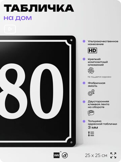 Адресная табличка с номером дома 180, на фасад и забор, черная, 25х25 см, Айдентика Технолоджи