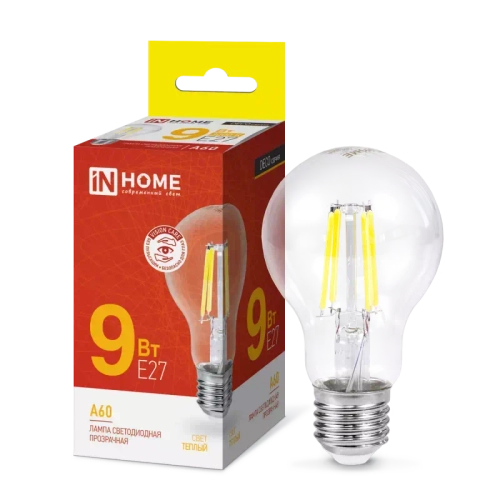 Лампа светодиодная LED-A60-deco 9Вт 230В Е27 3000К ТЕПЛЫЙ 1040Лм прозрачная IN HOME