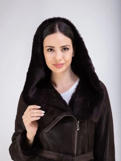 Дубленка женская натуральная длинная с капюшоном Турция