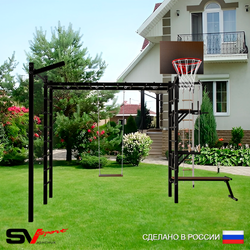 Уличная шведская стенка Sv Sport рукоход с комплектом турник прямой У5363К (Турник/Брусья/Стойка/Скамья/Деревянные/Щит баскет/Кронш бокс/Канат/кольца/лестница)