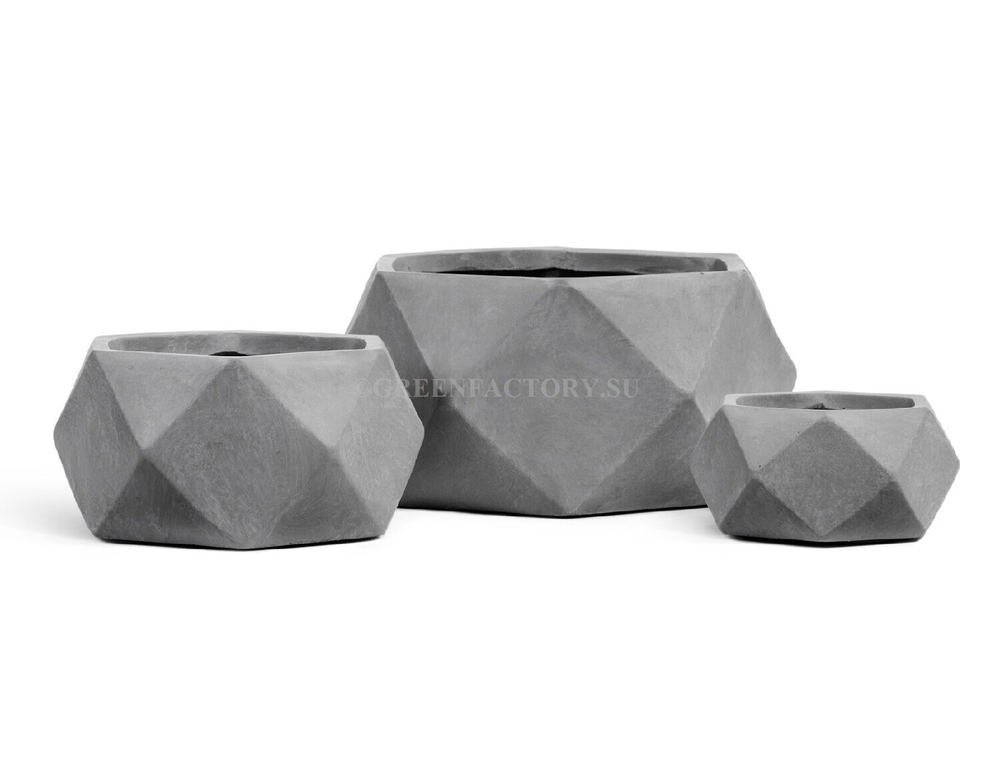 Кашпо TREEZ ERGO - серия Rombo - Низкая чаша-многогранник - Светло-серый камень