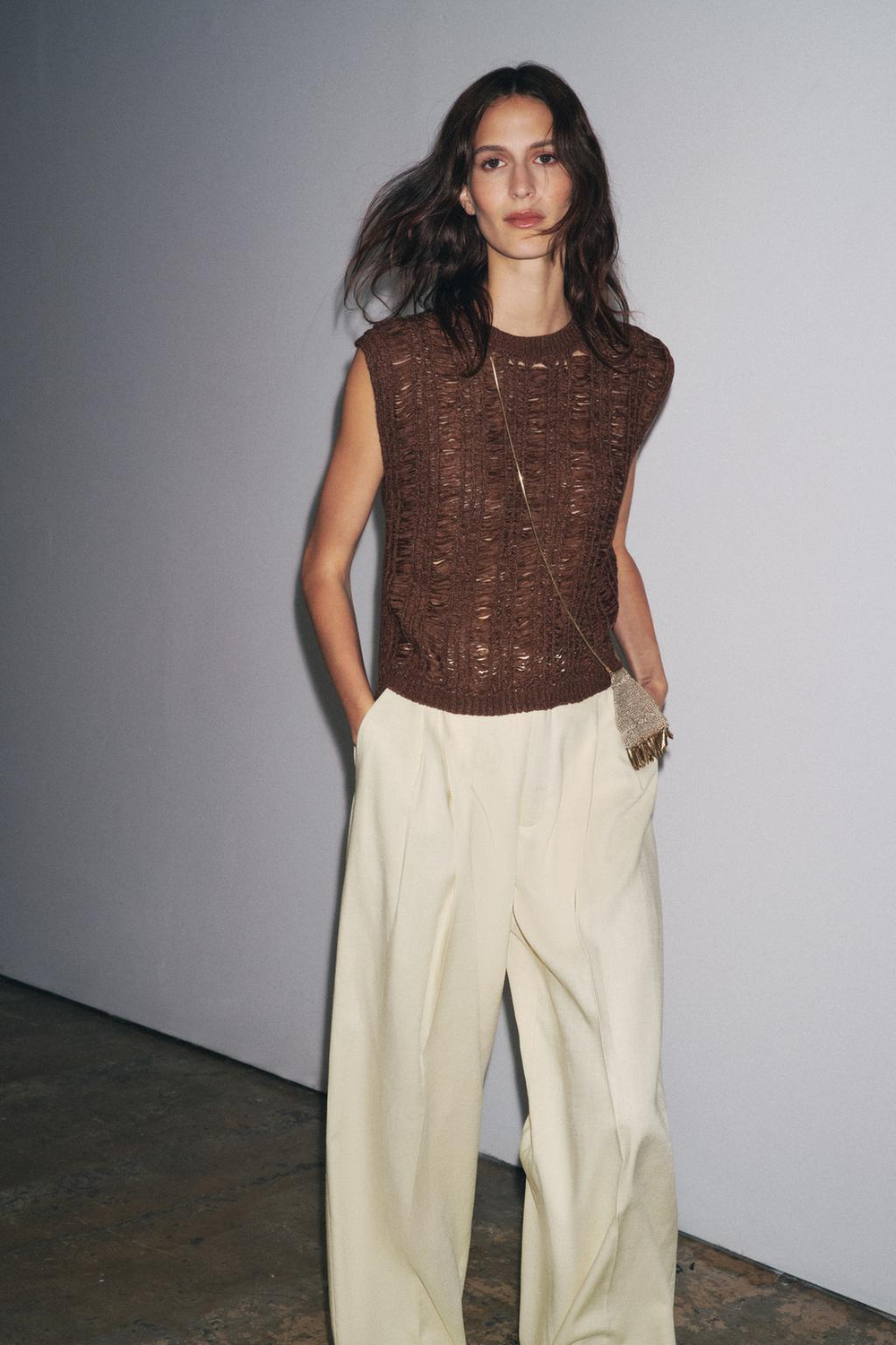 ZARA ТРИКОТАЖНЫЙ ТОП, КОРИЧНЕВЫЙ