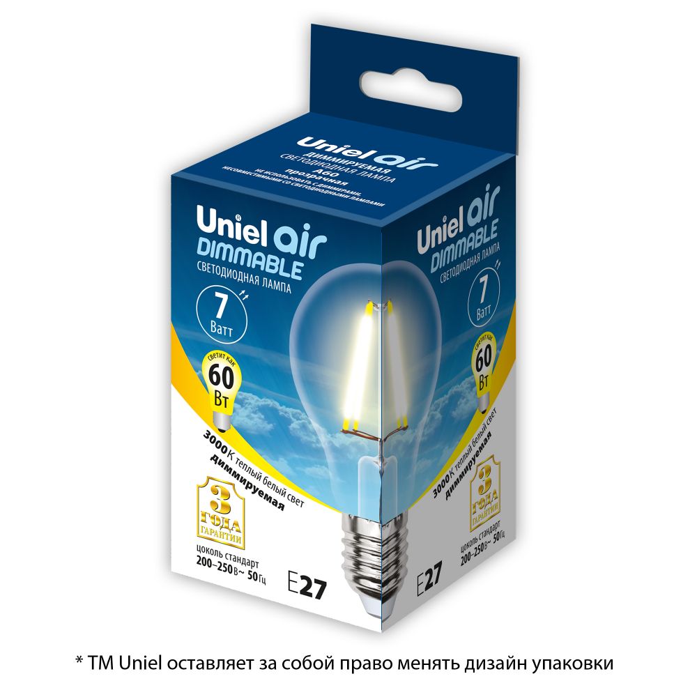 LED-A60-7W-WW-E27-CL-DIM GLA01TR Лампа светодиодная диммируемая. Форма A. прозрачная. Серия Air. Теплый белый свет 3000K. Картон. ТМ Uniel
