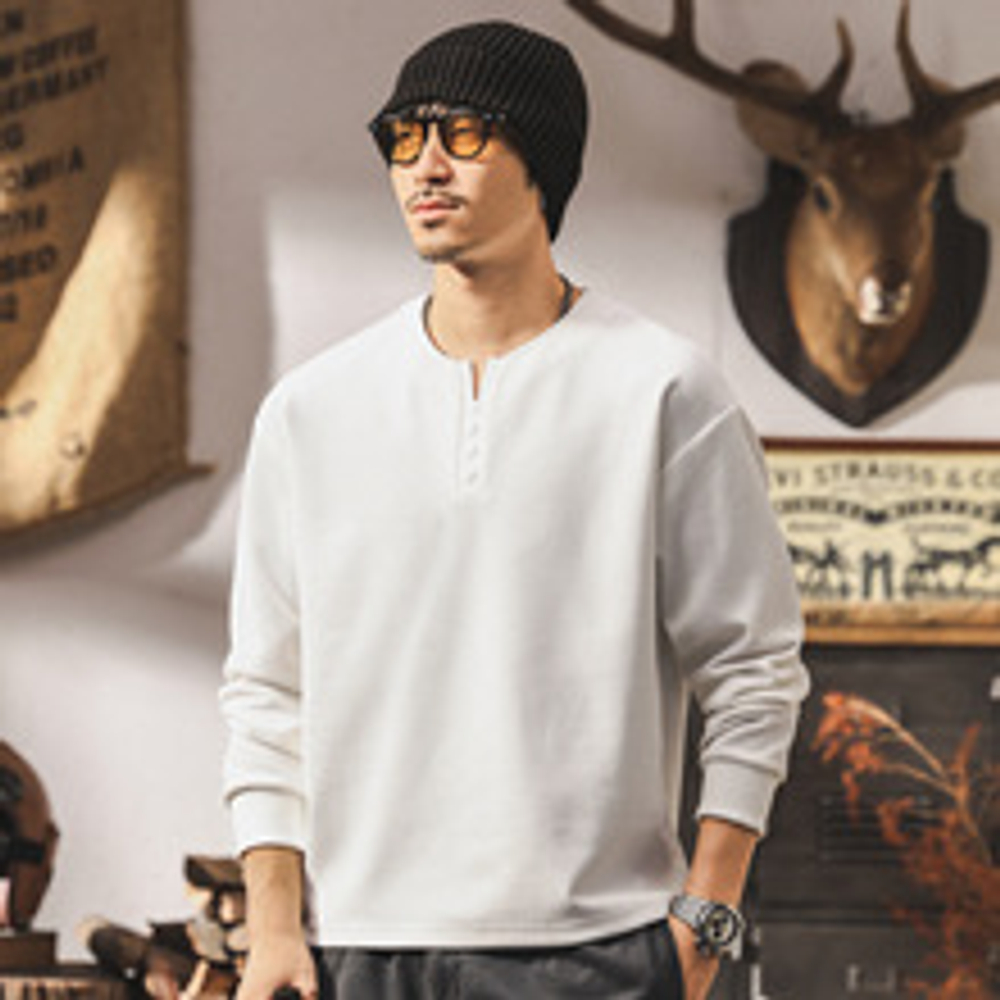 Мужская футболка в американском ретро-стиле,с длинным рукавом, воротник-стойка, модный бренд, повседневная свободная мужская футболка