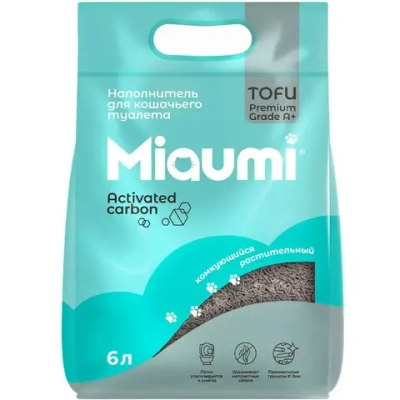 Miaumi tofu activated carbon unscented наполнитель комкующийся соевый для кошачьего туалета, с активированным углем - 6 л (2,5 кг)