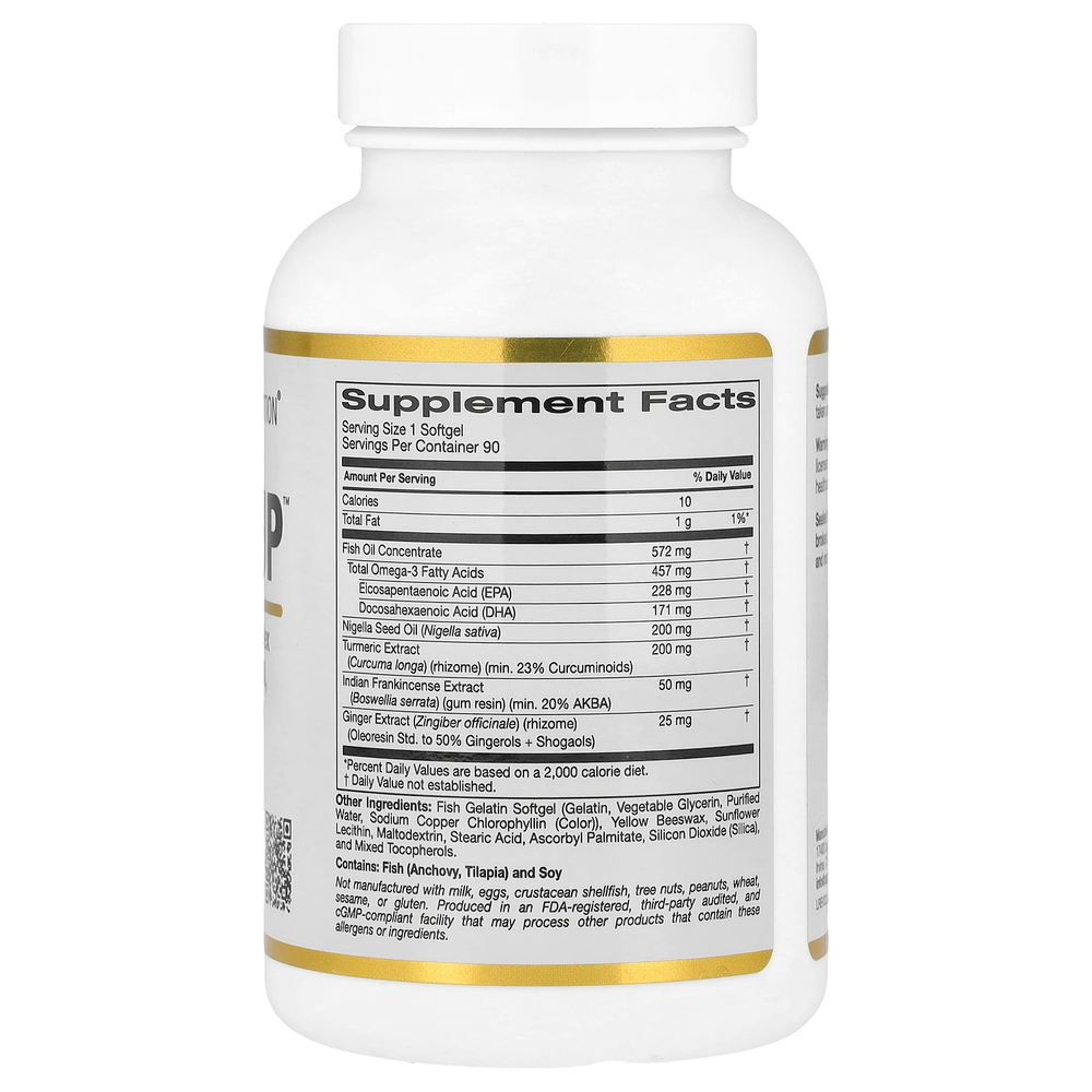 California Gold Nutrition, CurcuminUP™ с комплексом куркумина и омега-3, маслом из семян чёрного тмина, босвеллией и имбирём, 90 капсул из рыбьего желатина