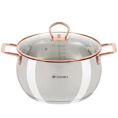 Кастрюля нерж, 4.5 л, крышка стекло, Daniks, Карлин, GS-01332G-22, индукц