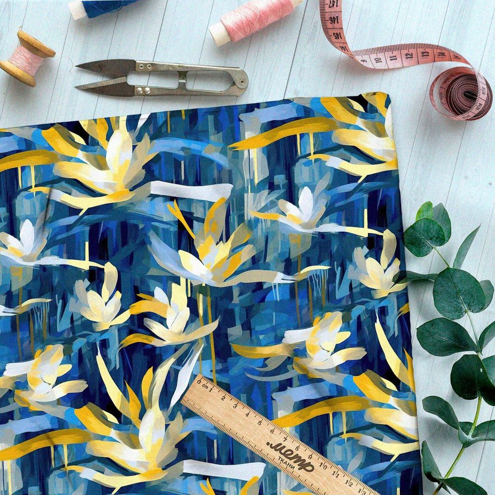 Ткань премиум сатин цветочная абстракция