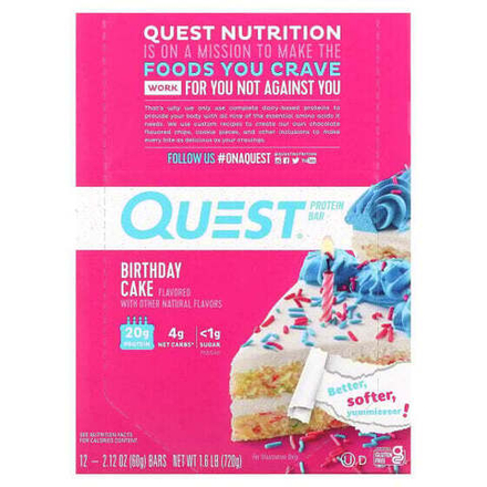 Протеиновые батончики и перекусы Quest Nutrition, протеиновый батончик, со вкусом праздничного торта, 12 батончиков, 60 г (2,12 унции) каждый
