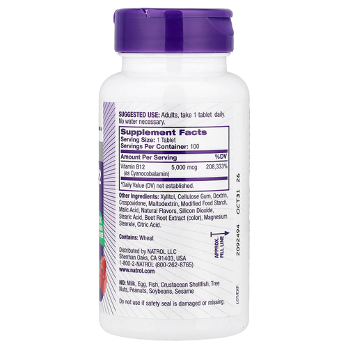 Natrol, витамин B12, быстрорастворимый, максимальная эффективность, с клубничным вкусом, 5000 мкг, 100 таблеток