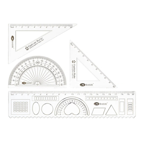 Линейка Basir пластиковая, набор 4 шт, серия "Berry bunny", 4 предмета: линейка с трафаретом 20 см, транспортир и два угольника