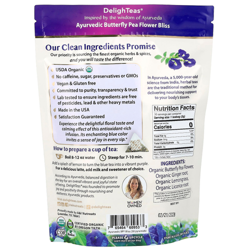 DelighTeas, Ayurvedic Butterfly Pea Flower Bliss, травяной чай, без кофеина, 30 роскошных чайных пакетиков Pyramid, 60 г (2,1 унции)