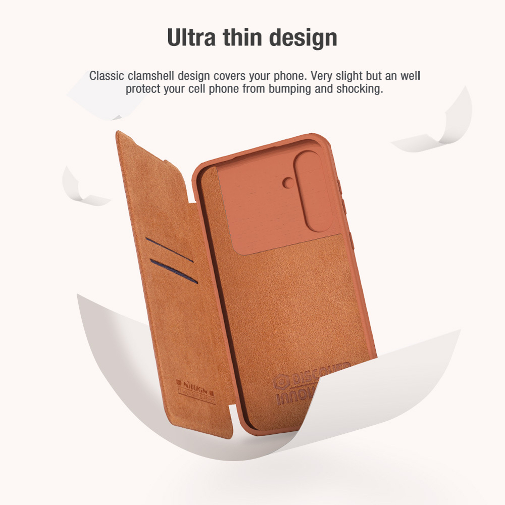 Кожаный чехол книжка коричневого цвета от Nillkin для Samsung Galaxy S23 FE, серия Qin Pro Leather с защитной шторкой для камеры