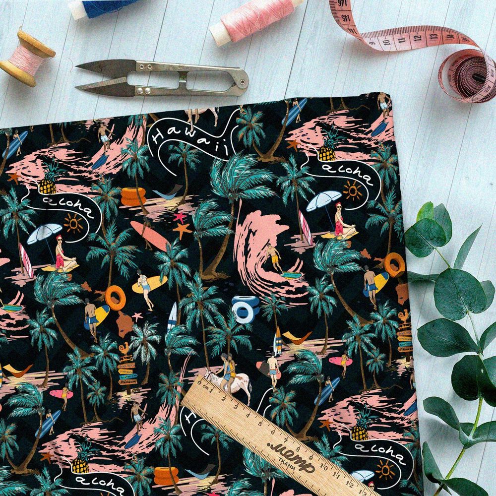 Ткань оксфорд 600 сёрфинг, пальмы и волны на чёрном фоне