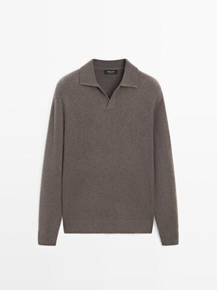Massimo Dutti Свитер поло из смесовой шерсти с V-образным вырезом, серый