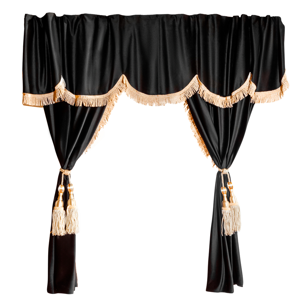 Шторы спального места с ламбрекеном и прихватами "Кисти" в кабину Volvo, Scania, MAN, DAF, Merc, Камаз, Sitrak, Shacman, Foton, FAW. Высота 1,5м, ширина одной стороны - 1,15м. Блэкаут, велюр. Черный цвет с бежевой бахромой и бежевыми кистями