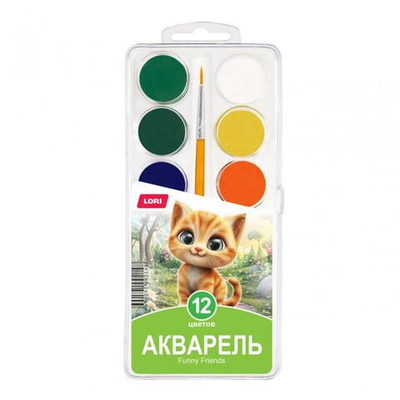 Акварель Классика 12 цв, с кистью "Funny friends" в пластиковой упаковке с крышкой (Lori)