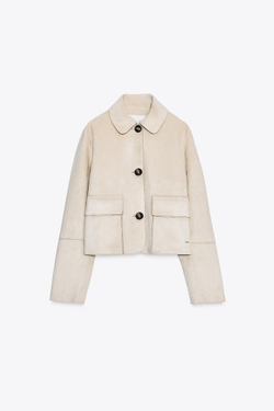 ZARA КОРОТКАЯ КУРТКА ИЗ ИСКУССТВЕННОЙ ЗАМШИ, ЭКРЮ