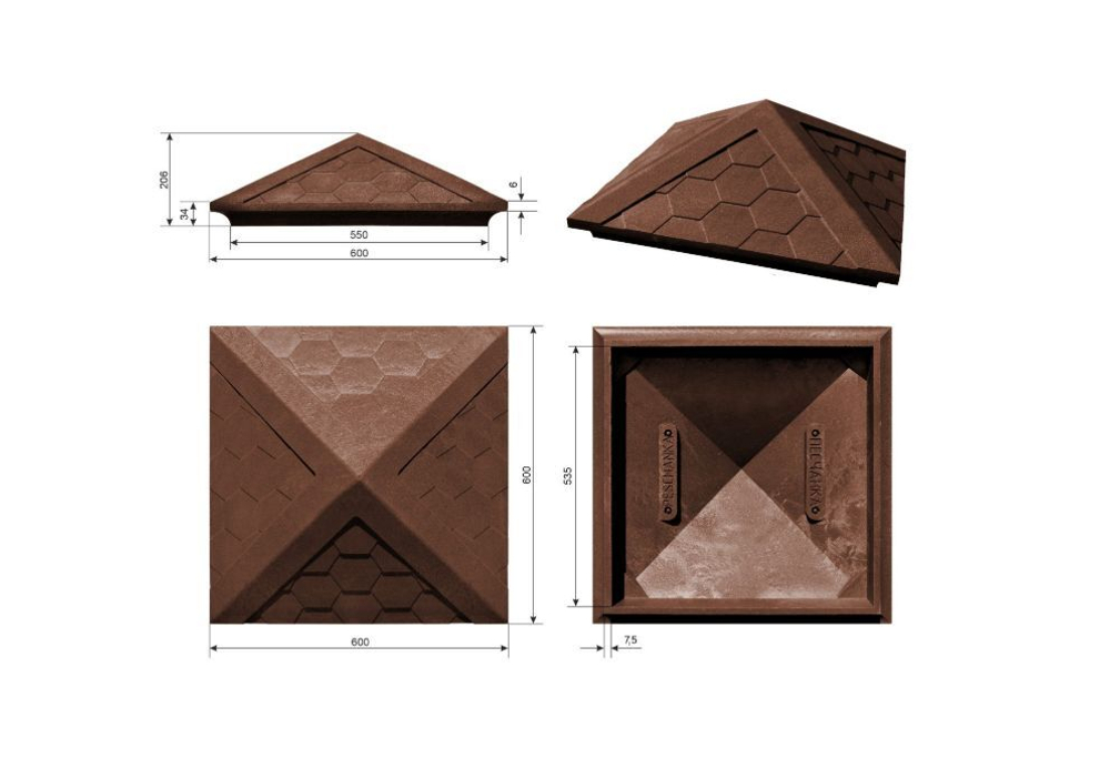 Полимерно-песчаный колпак на заборный столб, 2 × 2 кирпича, 535 × 535 × 43, «Гибкая черепица» (коричневый)