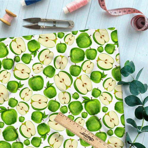 Ткань шелк Армани сочные зелёные яблоки на белом фоне