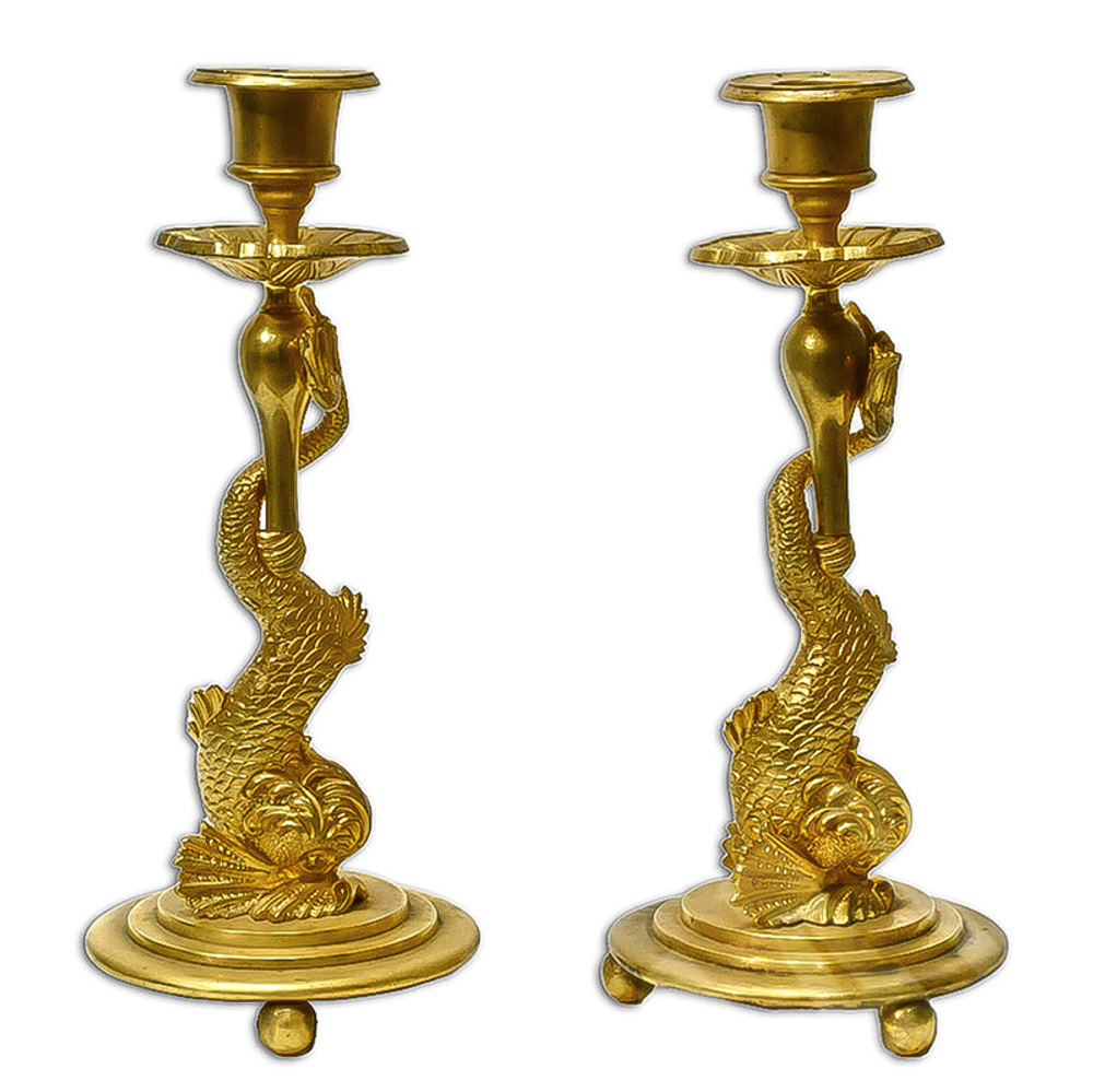 Дельфины. Парные подсвечники. Бронза, литье, чеканка, канфарение, золочение. XIX в.