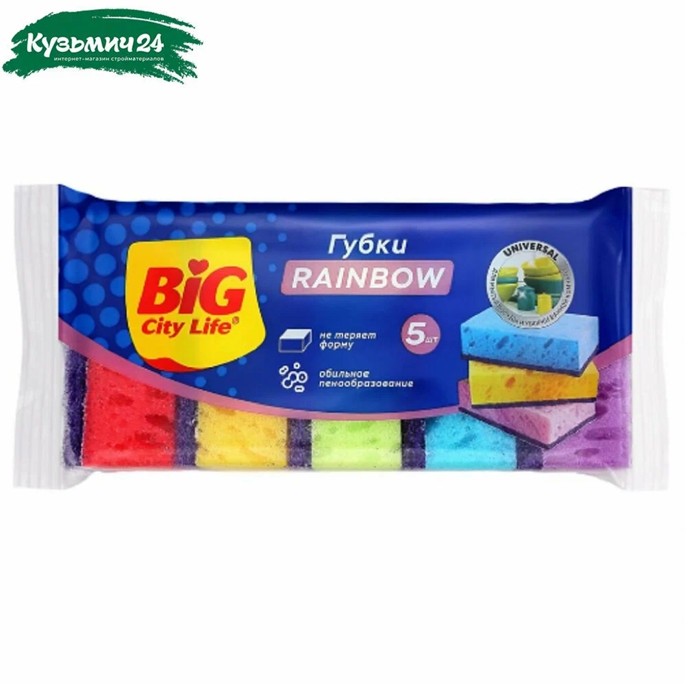 BIG City Губки кухонные крупнопористые Rainbow 5 шт., блок 30шт.