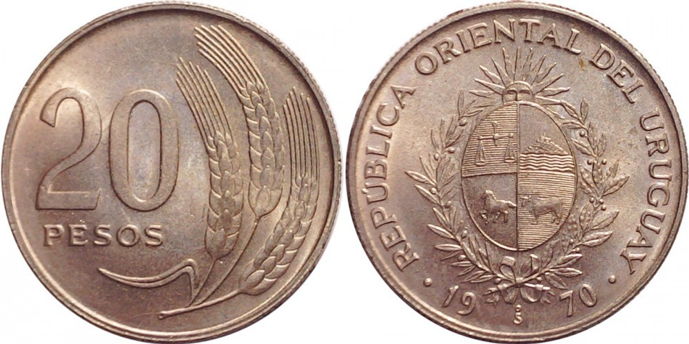 Уругвай 20 песо, 1970 Герб XF