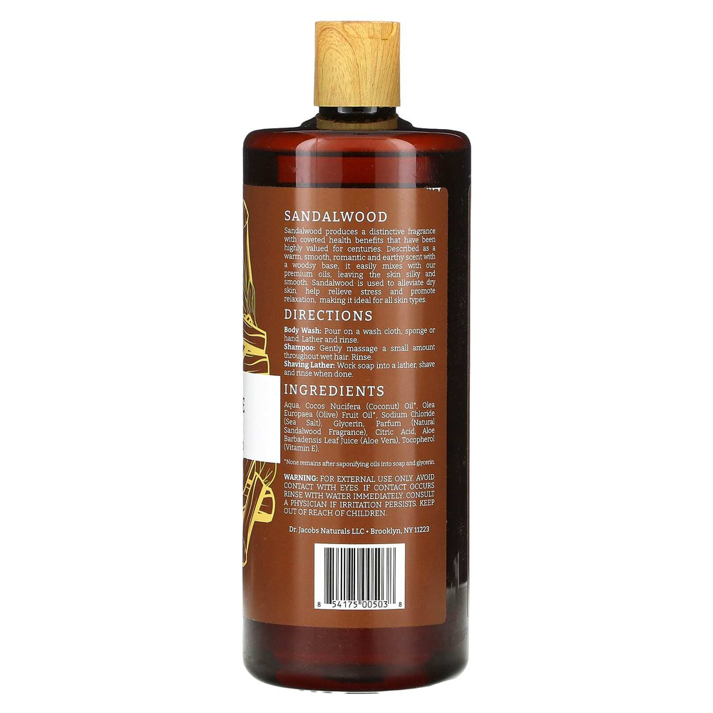 Dr. Jacobs Naturals, Насыщенный гель для душа из кастильского дерева на растительной основе, успокаивающее сандаловое дерево, 946 мл (32 унции)