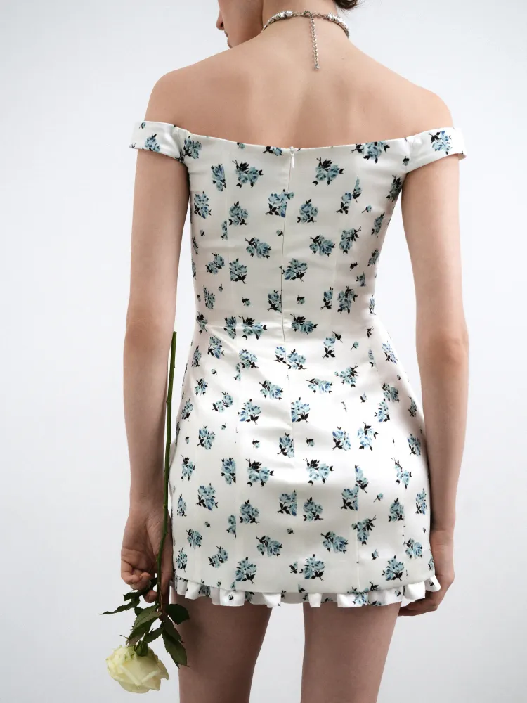 Клео мини (Cleo mini), платье мини из молочного атласа с цветочным принтом