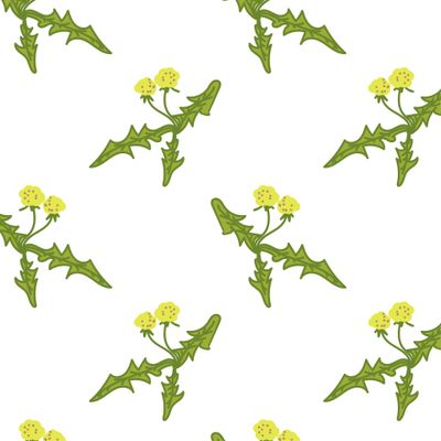одуванчики. бесшовный паттерн с желтыми одуванчиками и зелеными листьями на белом фоне