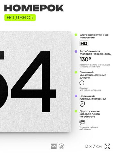 Номер на дверь 954, табличка на дверь для офиса, квартиры, кабинета, аудитории, склада, белая 120х70 мм, Айдентика Технолоджи