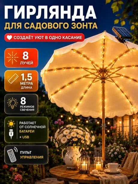 Гирлянда уличная на солнечной батарее садовая LED пульт