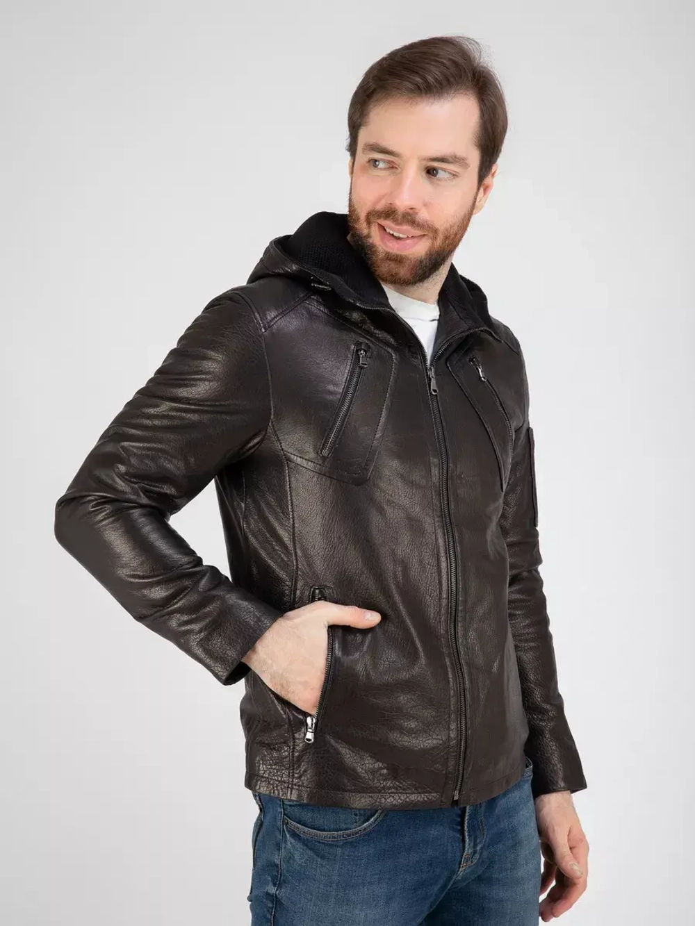 Куртка кожаная натуральная с капюшоном