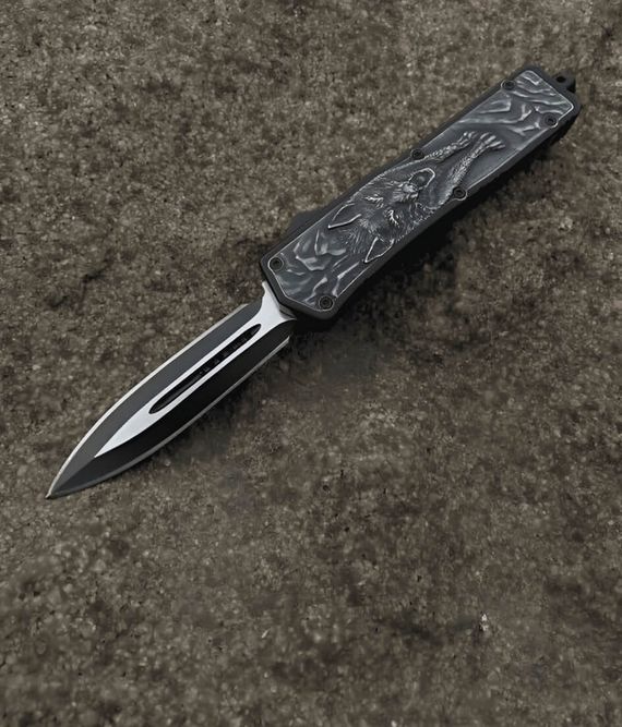 Тактический складной нож фронтально-выкидной автоматический Черно-серый 3D