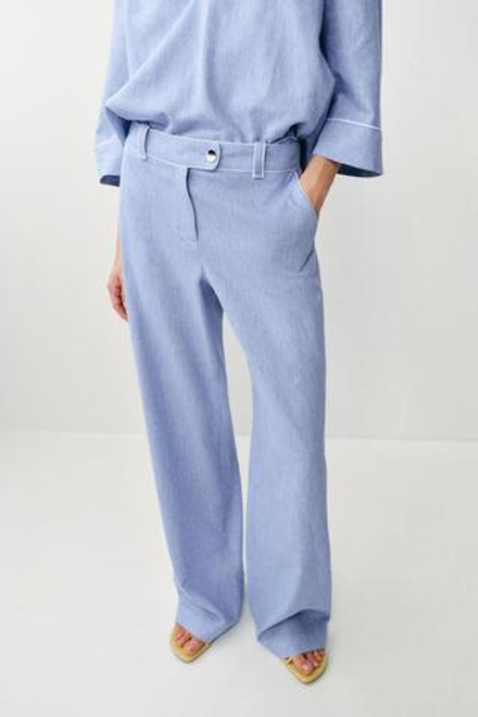 ZARA БРЮКИ ИЗ СМЕСОВОГО ЛЬНА С ОКАНТОВКОЙ, ГОЛУБОЙ