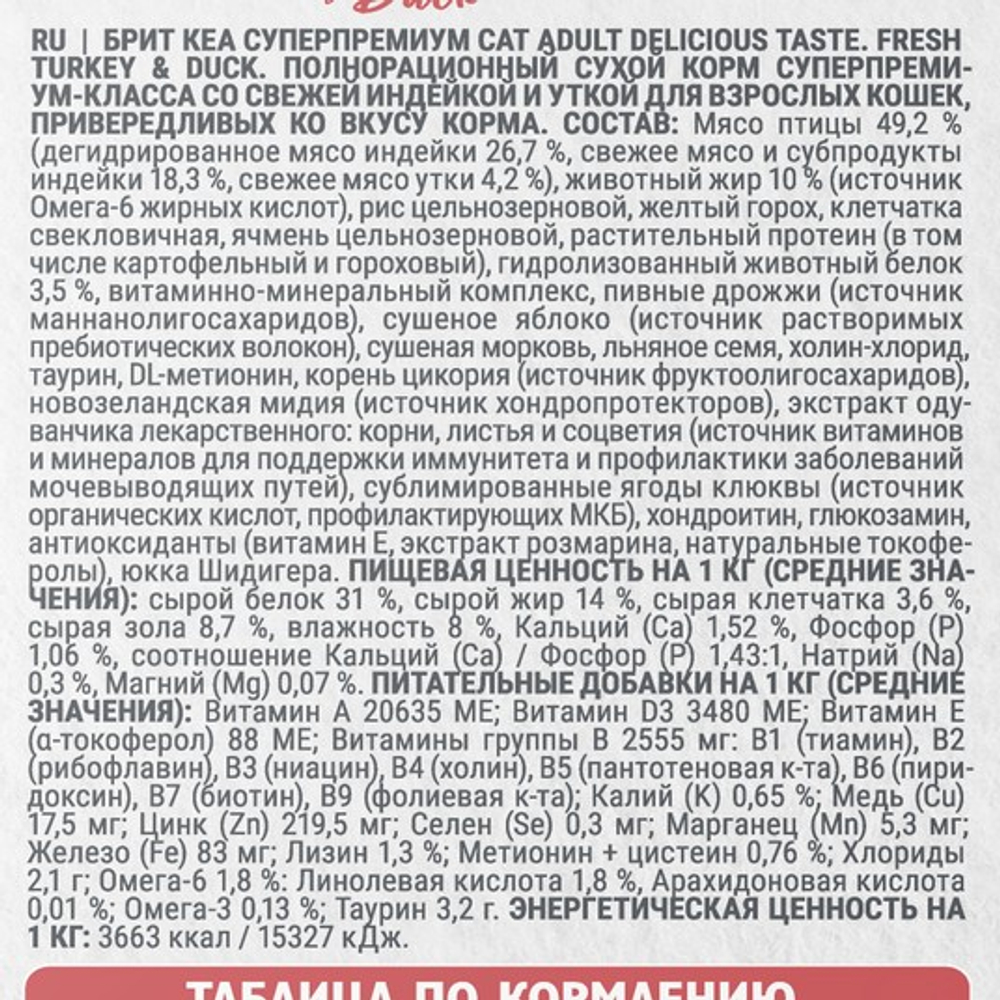 Сухой корм для взрослых кошек Брит BRIT CARE ADULT DELICIOUS TASTE с индейкой и уткой 7кг