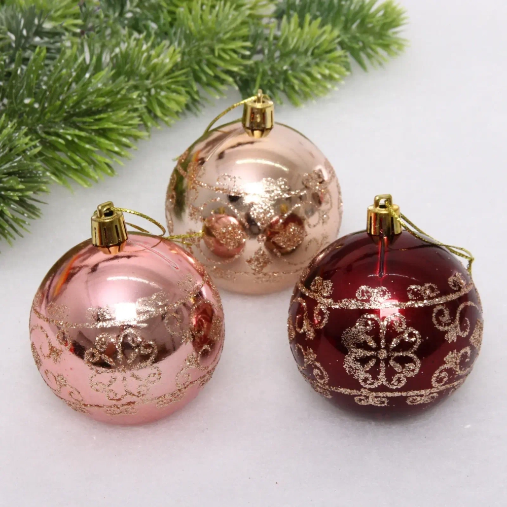 Новогодние шары 7см (набор 3шт) «Ажур», шампань/роз.золото/рубин