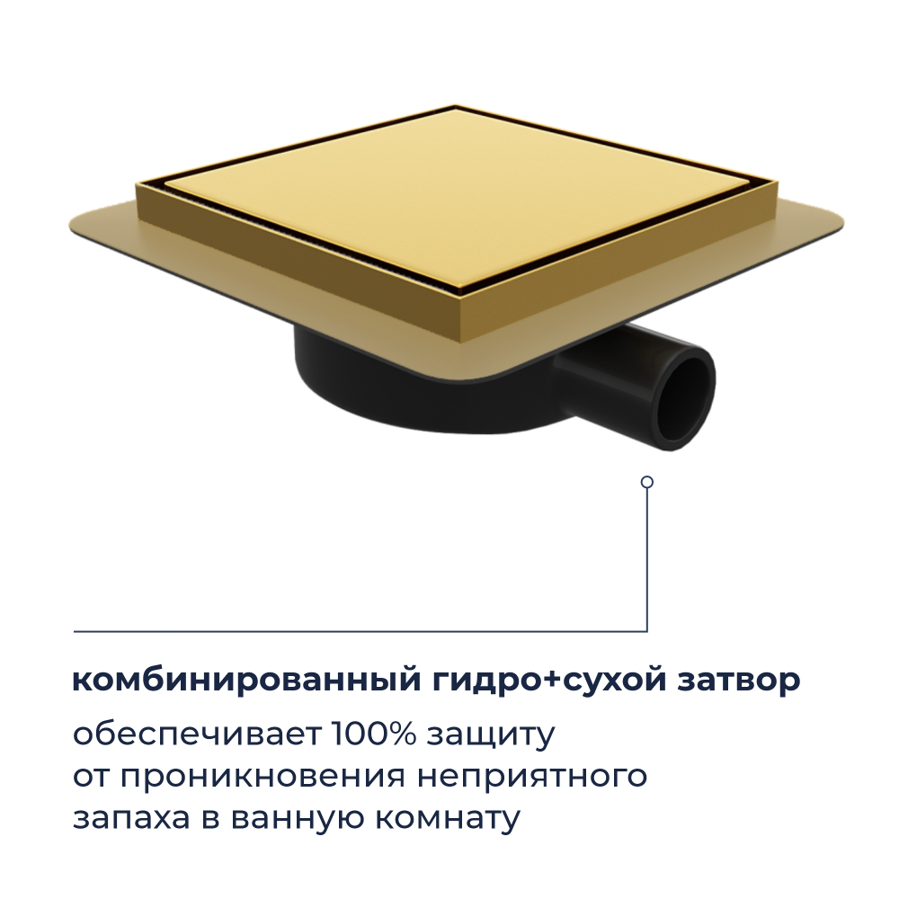 Душевой трап RGW SDR-10 квадратный, золото BRUSH, металлическая крышка, горизонтальный слив