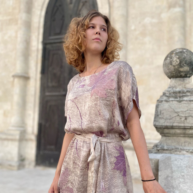 Платье из шелка «Сиреневый туман», экопринт