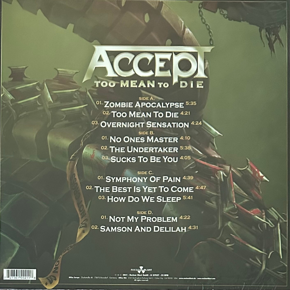 Accept ‎– Too Mean To Die (Европа 2021г.) 2LP