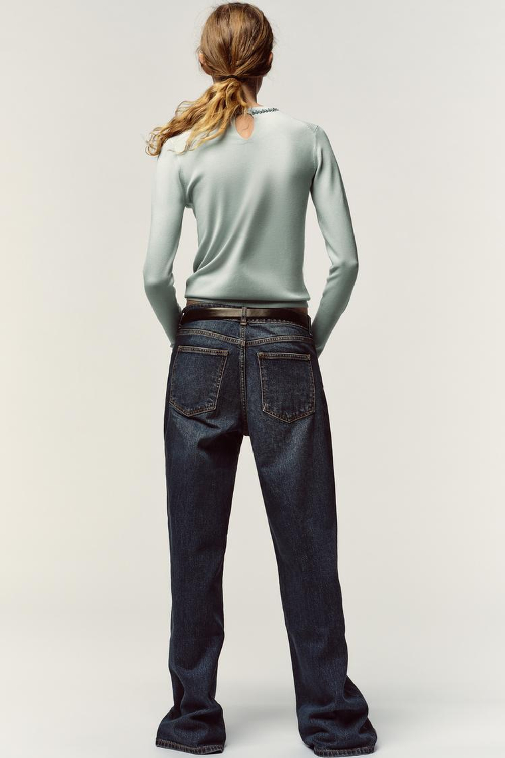 ZARA ВЯЗАНЫЙ ДЖЕМПЕР СО СТРАЗАМИ, ВОДЯНИСТО-ГОЛУБОЙ