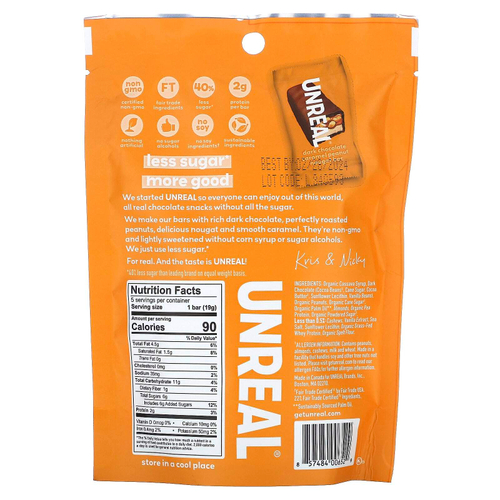 Unreal, Батончики с арахисом и нуга, темный шоколад и карамель, 95 г (3,4 унции)