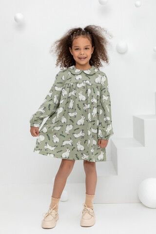 Платье  для девочки  КР 5834/оливковый хаки,нежные зайчики к437