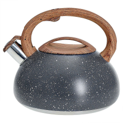 Чайник со свистком 3 л из нержавеющей стали, индукционное дно ALPENKOK AK-514/1 серый гранит, ручка светлое дерево