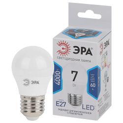 Лампа светодиодная ЭРА STD LED P45-7W-840-E27 7Вт шар нейтральный белый свет Е27 | Лампы cветодиодные Шар (G/P)